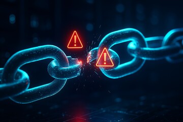 Glowing digital chain link breaking apart with red warning symbols, concept of cybersecurity breach and network vulnerability