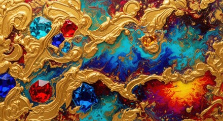 Opulent Abstract Gold Swirls Embellished with Vibrant Gemstones jewel sapphire