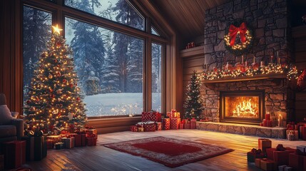 Merry Christmas and Happy New Year card. A flaming fireplace, a sofa with pillows, a Christmas tree, burning candles in the interior of a festive room. Winter landscape outside the window