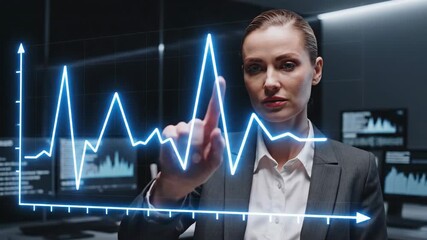 Woman interacting with rising financial graph. Female professional gesturing at upward stock market chart in futuristic office. Business growth visualization and investment analysis concept. - Powered by Adobe
