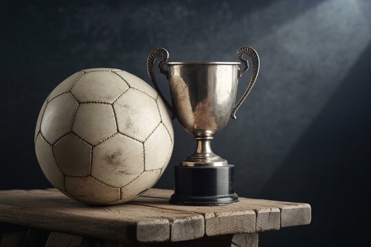 Soccer ball and trophy on rustic wood table for sports achievement concept