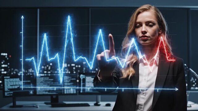 Woman interacting with digital financial graphs in city skyline. Female professional gesturing at holographic stock charts shifting from red to blue trends. Business data analysis and investment - Powered by Adobe