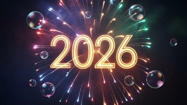 Bright neon 2026 number illuminated against colorful fireworks display