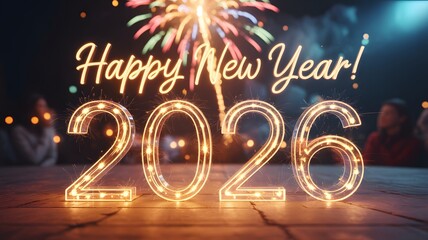 Bright illuminated 2026 numbers with fireworks and happy new year text