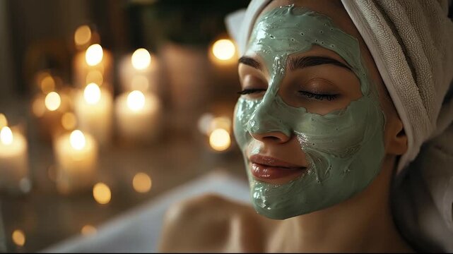 A woman with closed eyes relaxes with a green clay facial mask her hair in a towel in a softly lit candlelit room
