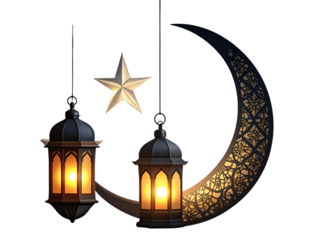 Modern Ramadan Crescent Moon and Lantern Silhouette PNG