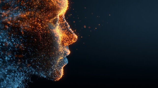 Stunning digital human profile with glowing particles for AI, technology, and future concepts, representing innovation, creativity, and cutting-edge research