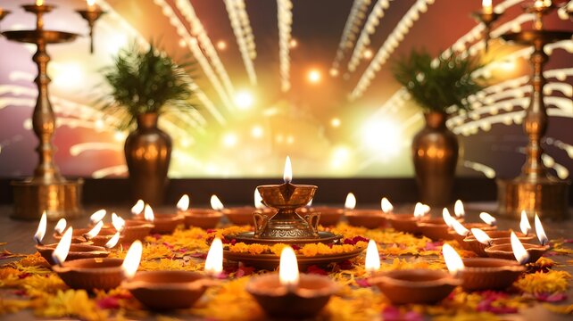 Traditional indian oil lamps lit for a festival celebration with festive lights