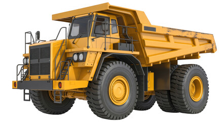 Yellow mining dump truck with large wheels isolated on a transparent background