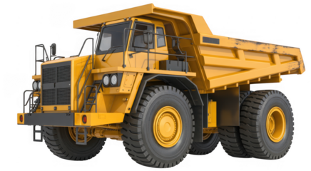 Yellow mining dump truck with large wheels isolated on a transparent background