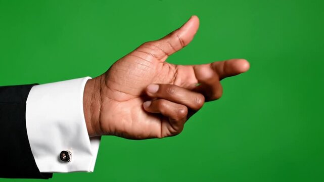 Close up of a dark skin mans hand in a white cufflink shirt sleeve gesturing against a green screen