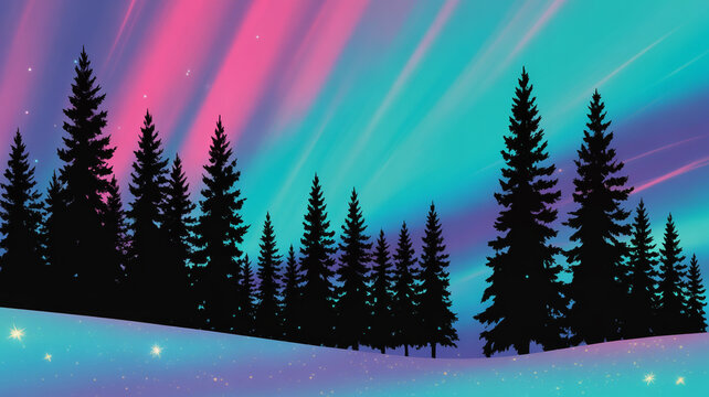 Stunning aurora borealis paints vibrant pink and turquoise skies above silhouetted pine forest and sparkling snow-covered landscape