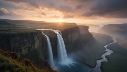 a stunning waterfall from the height of the hill surrounded by majestic atmosphere
