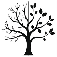 Seasons change tree vector – half bare winter branches half lush spring leaves, nature growth rebirth concept, black silhouette isolated on white background, seasonal transition illustration svg icons