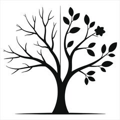 Winter to Spring Tree Vector: Seasonal Transition, Growth & Renewal. Bare Branches to Lush Green Leaves. Nature's Awakening Illustration for New Beginnings & Life Cycle Concept.