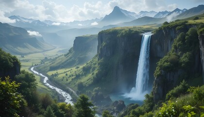 a stunning waterfall from the height of the hill surrounded by majestic atmosphere