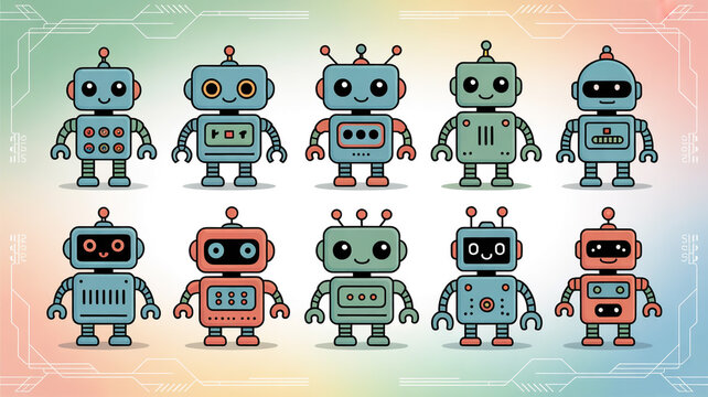 Discover a charming collection of ten unique, friendly cartoon robots in vibrant colors, perfect for bringing playful tech and futuristic fun to your projects.
