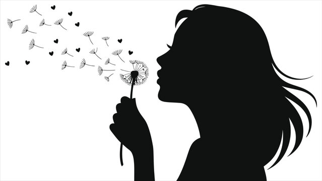 Woman Blowing Dandelion Seeds Silhouette Vector | Spring Season Art: Minimalist Black and White Illustration, Girl Making Wish with Heart Shapes, Windblown Fluff, Romantic Springtime Graphic for Greet