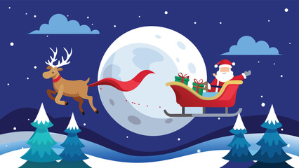 Naklejka premium Christmas scene featuring Santa flying through the night sky with a sleigh and reindeer against a starry background..eps