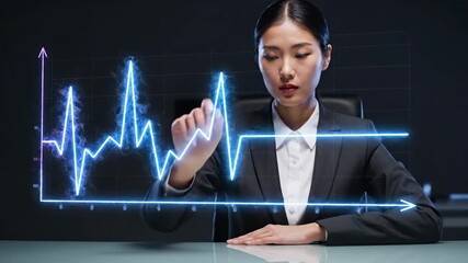 Woman interacting with rising financial graphs. Asian businesswoman touching digital stock charts showing growth trends. Investment analysis and market visualization concept. - Powered by Adobe