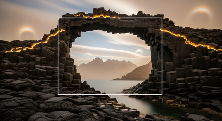 Natural Stone Archway Framing a Serene Coastal Landscape at Sunset with Warm Golden Light