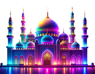Colorful Glowing Mosque Illustration with Vibrant Night Lights PNG