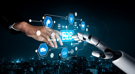 A striking visual of a human hand and a robotic hand reaching towards each other, symbolizing futuristic business collaboration in a digital landscape filled with B2B elements. Tessel