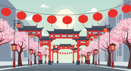 Vibrant Chinese New Year street scene with traditional gates, lanterns, and blooming cherry blossoms under a bright sun