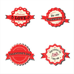Vector Set of Four Vintage Valentine's Day Badges with Ribbons, Heart Details, and Romantic Greetings
