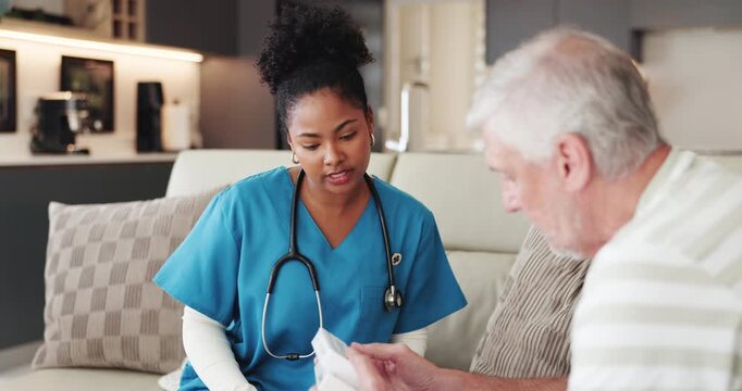 Support, medicine and nurse with mature man for consulting, advice and medication schedule in home. Healthcare, pills and woman with senior person on sofa for retirement, discussion and prescription