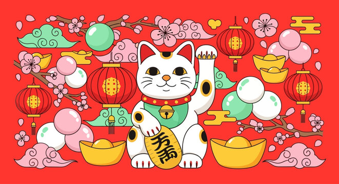 Lucky Cat Maneki Neko Illustration with Chinese New Year Decorations and Gold Ingots
