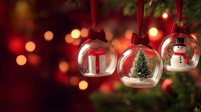 transparent Christmas ornament ball hanging on a tree, containing a white gift box with Christmas tree, and snowman, festive holiday lighting, realistic lighting, and bokeh highlights.