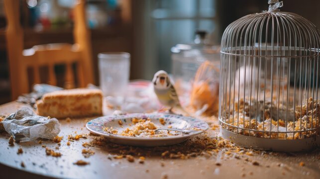 Messy pet corner concept. A bird near a messy table with crumbs, a plate, and a cage in a cozy indoor setting.