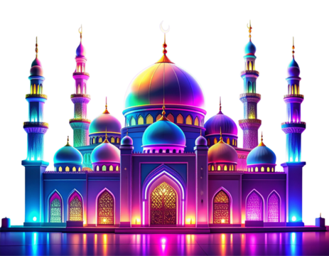 Colorful Glowing Mosque Illustration with Vibrant Night Lights PNG
