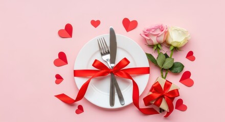 Romantic valentines day dinner setting with a plate, cutlery, red ribbon, roses, and a gift on a pink background