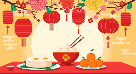 Festive Lunar New Year Decoration with Food Offerings and Lanterns