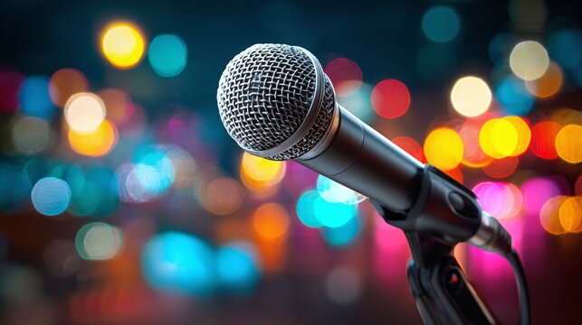 Close-up of a sleek, steel-gray microphone poised on its stand, illuminated by vibrant bokeh lights. Ready for a performance, speech, or recording session. #microphone #audio #music