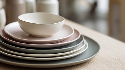 Elegant pastel colored plates and bowl stacked on a rustic wooden table, perfect for showcasing modern dining or culinary presentation ideas today