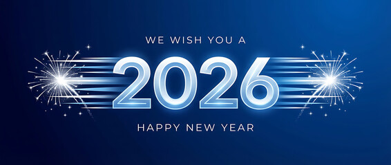 Happy New Year 2026 eve line design loading sparkle firework open champagne golden white blue vector wallpaper greeting card