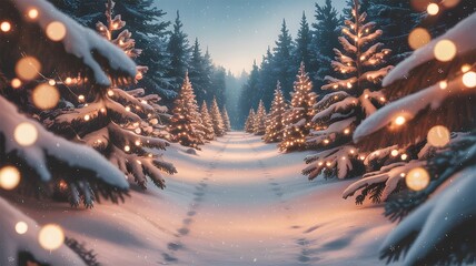 Snowy forest path lined with illuminated christmas trees