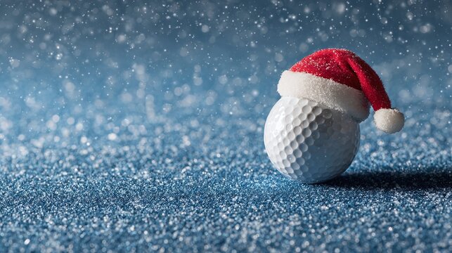 Festive golf ball donned with a Santa hat, evoking the spirit of the holidays and golf. Snow adds a magical wintery touch. Celebration on the green with a festive twist!