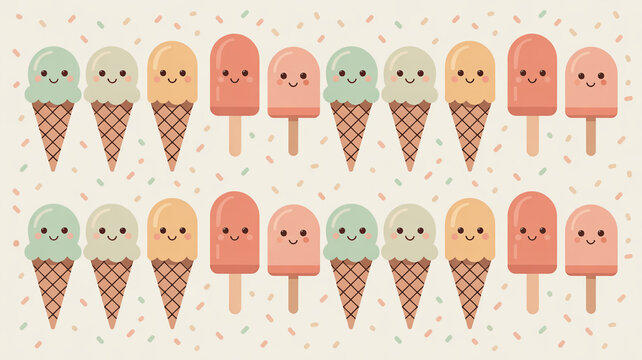 Adorable kawaii ice cream cones and popsicles in pastel colors create a delightful summer treat pattern perfect for kids' designs and sweet celebrations