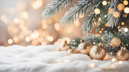 Cozy christmas tree branches with golden ornaments and soft bokeh lights in snow