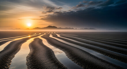 Serene Sunrise Over Rippling Sand Patterns on a Misty Beach, Creating a Natural, Ethereal Landscape