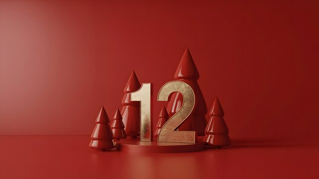 Golden number 12 surrounded by miniature red christmas trees