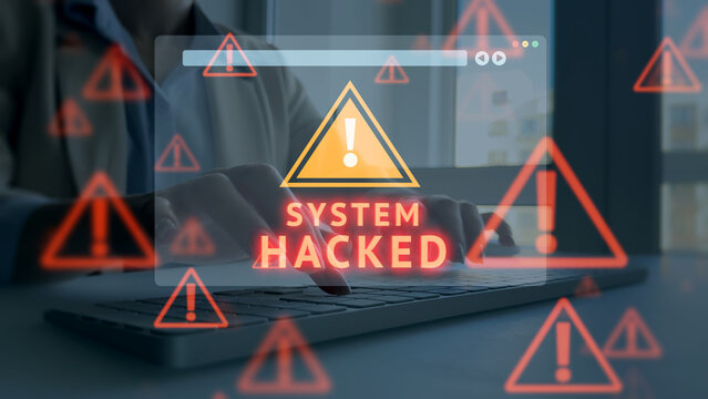 Cybersecurity warning concept depicting scam alerts, system hacks, digital threats, emphasizing data protection, online safety, and monitoring in a high-tech, virtual screen