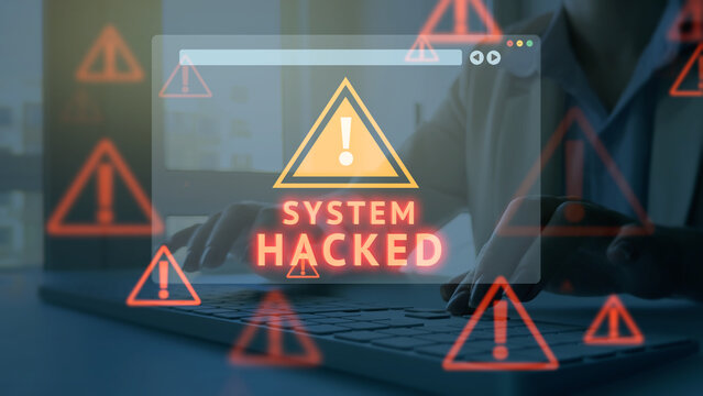 Concept of cyber attack, system hack, and data breach. Digital security threats, unauthorized access, and sensitive data exposed in online networks.