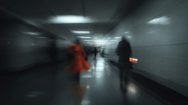 Intriguing blurred motion of commuters in dark tunnel, perfect for conveying speed, travel, urban life, and anonymity with an artistic edge - Powered by Adobe