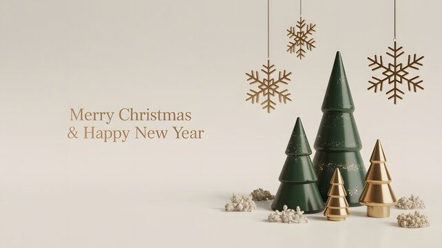 Elegant christmas trees and snowflakes with merry christmas and happy new year text