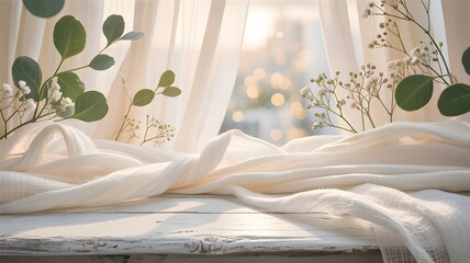 Soft flowing fabric draped over a rustic wooden surface with gentle sunlight filtering through sheer curtains and greenery